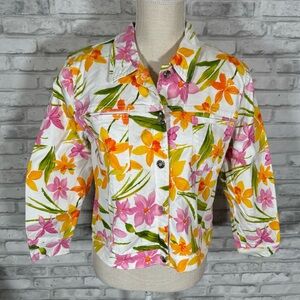 Vintage White Pink Orange Tropical Floral Jean Jacket Half Sleeves
